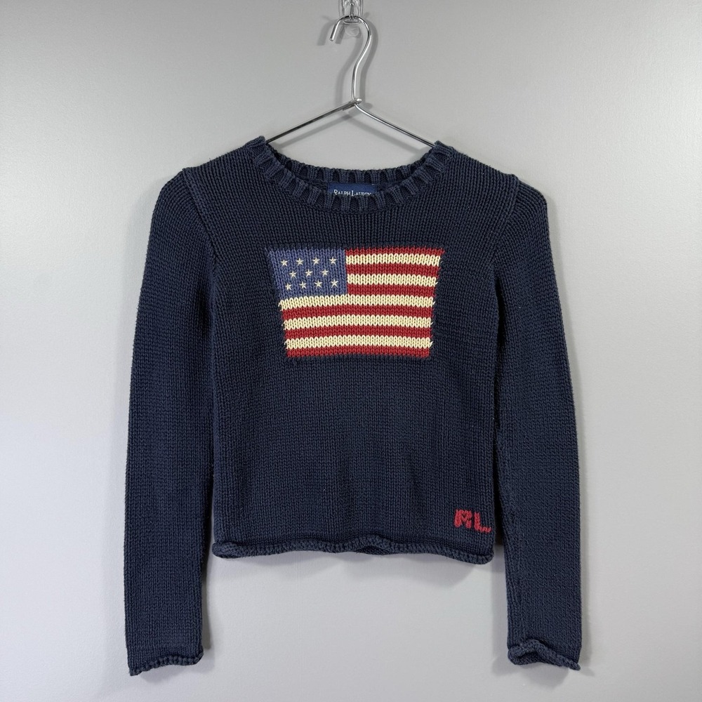 Ralph Lauren Sweater Kids Small Blue American Flag Cotton Knit Crewneck Japan